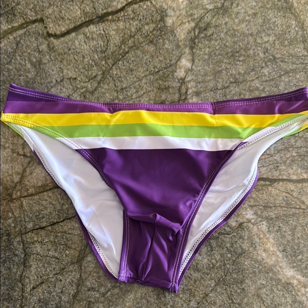 Purple and Yellow Swim Trunks with Color-Block Design